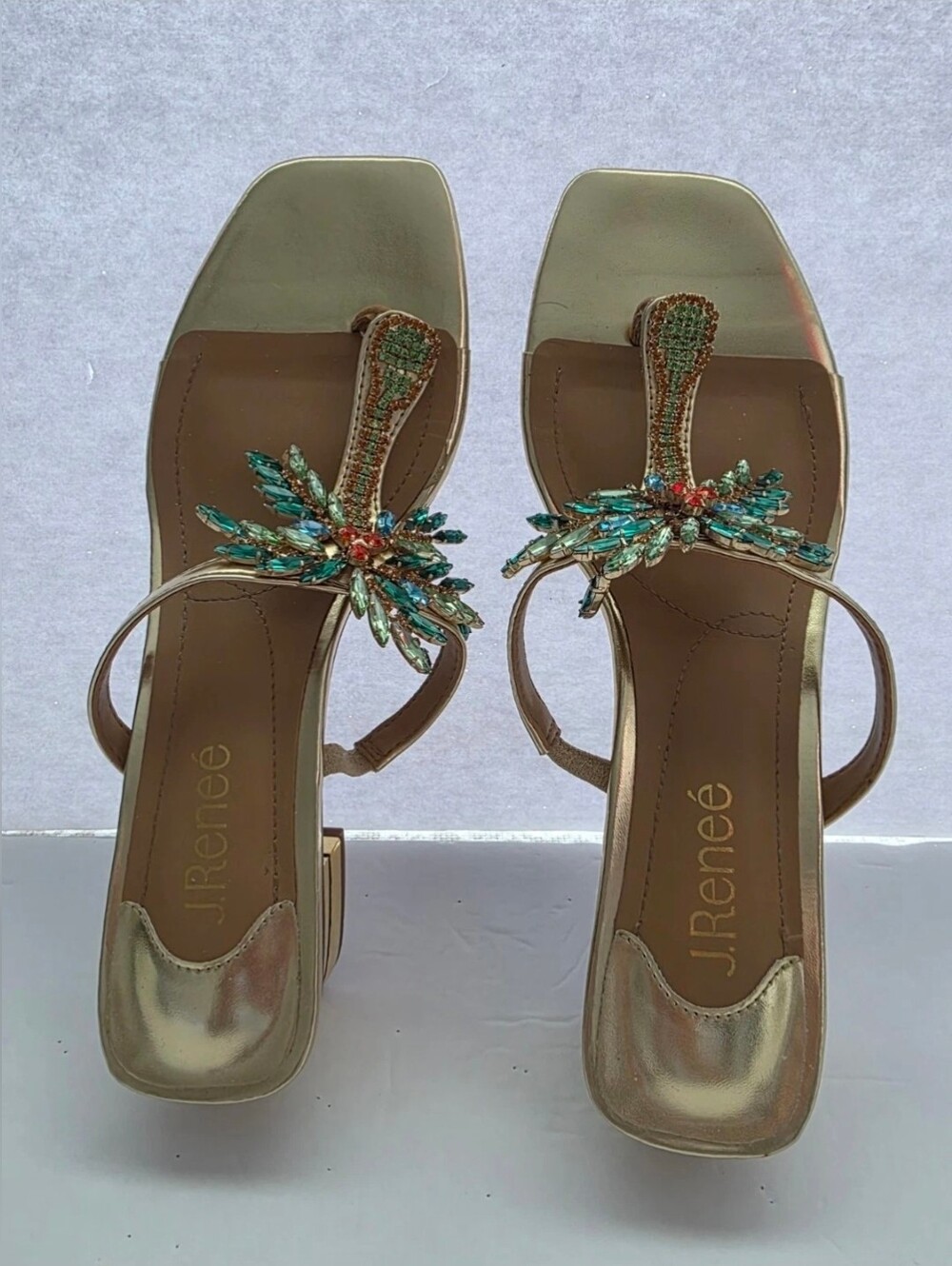 J.Renee Palmy T-Strap Sandals Metallic Gold Synthetic Upper Block-Heel Sz 8.5 M - Picture 2 of 13